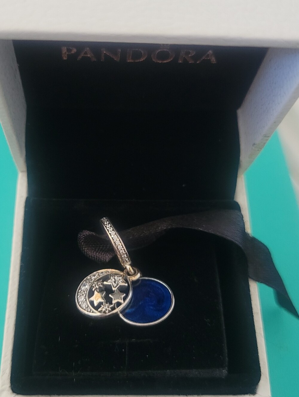 Pandora Silver Moon Charm with Deep Blue Enamel Disc